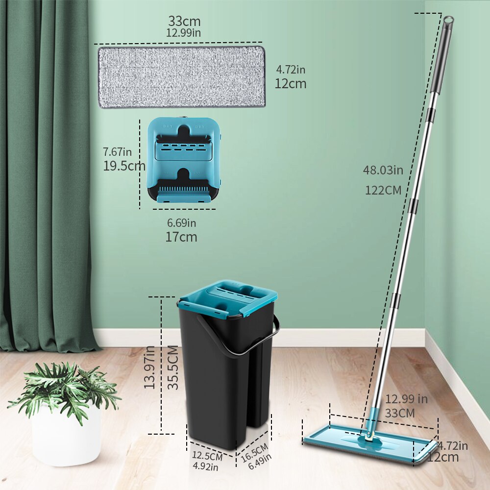 Trapeador plano con cubo Rotación de 360 ​​grados No lavar a mano Fregona para limpieza de suelos 6 alfombrillas de microfibra Uso húmedo y seco Utensilios de cocina para el hogar
