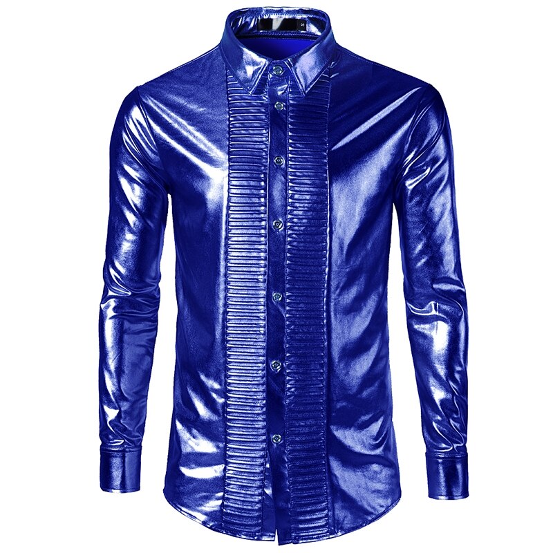 Herr smoking skjortor långärmade slim fit solid glänsande guld silver skjorta sångare värd nattklubb bar scen toppar kostym