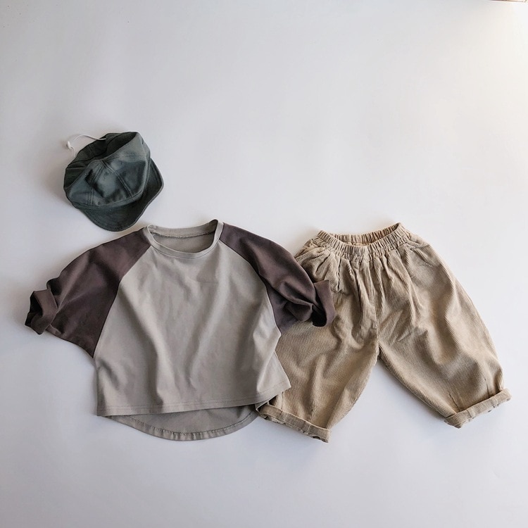 Children Pure Cotton Long-sleeved T-shirt Spring Baby Underwear Shirt Contrast Color Bat Sleeve Tops