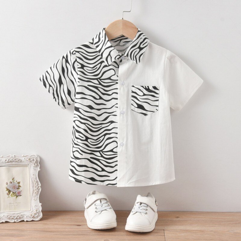 Jongen T-Shir Jongen Zebra Strepen Shirt Gentlewear Korte Mouwen Top Kinderen Casual Pocket Blouse Zomer Kid Kleding 1-7Y