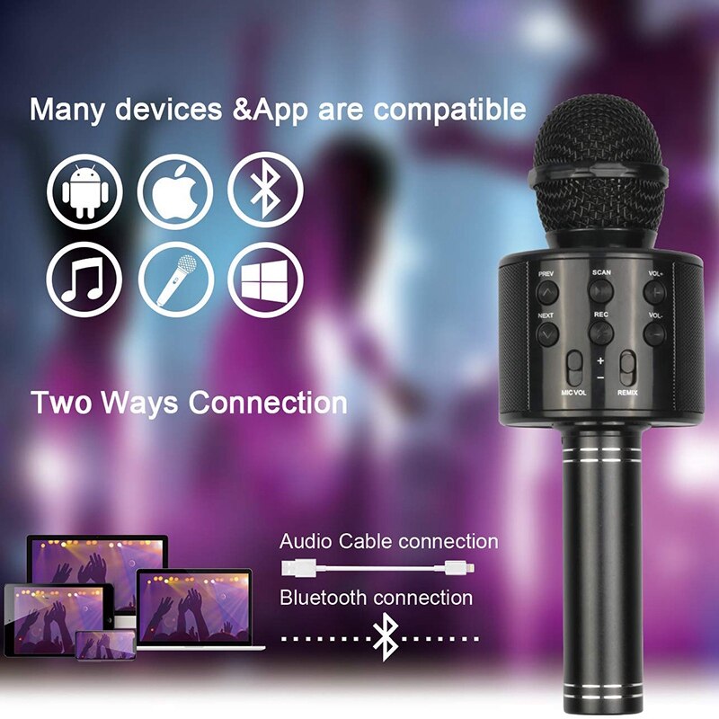 Black Portable Handheld Wireless Bluetooth Karaoke OK Microphone and Bluetooth Speaker MIC Speaker Record Music KTV Microphone