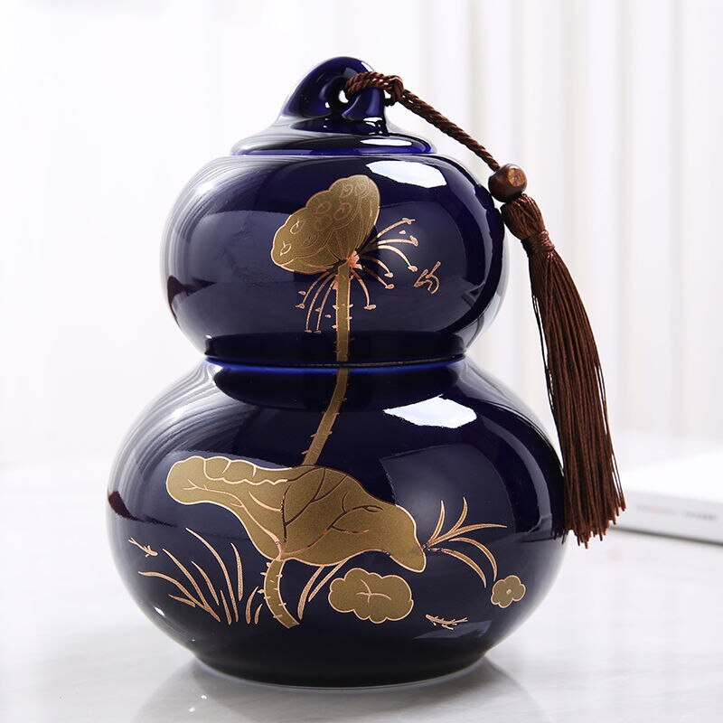 Tarro de cerámica chino de Kung Fu para decoración del hogar, recipiente de almacenamiento sellado con forma de calabaza, accesorios para ceremonia del té, especias: Dark blue