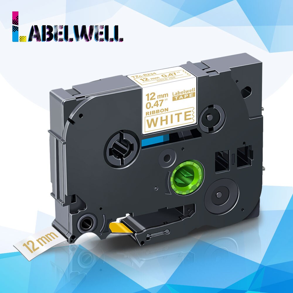 Labelwell-Cinta de raso para Tze-231, 12mm, TZe-R231, TZ231, TZe-RE34, hermano, TZe-RN34, TZe-R234, TZe-RW34, para fabricante de etiquetas p-touch: Gold on White