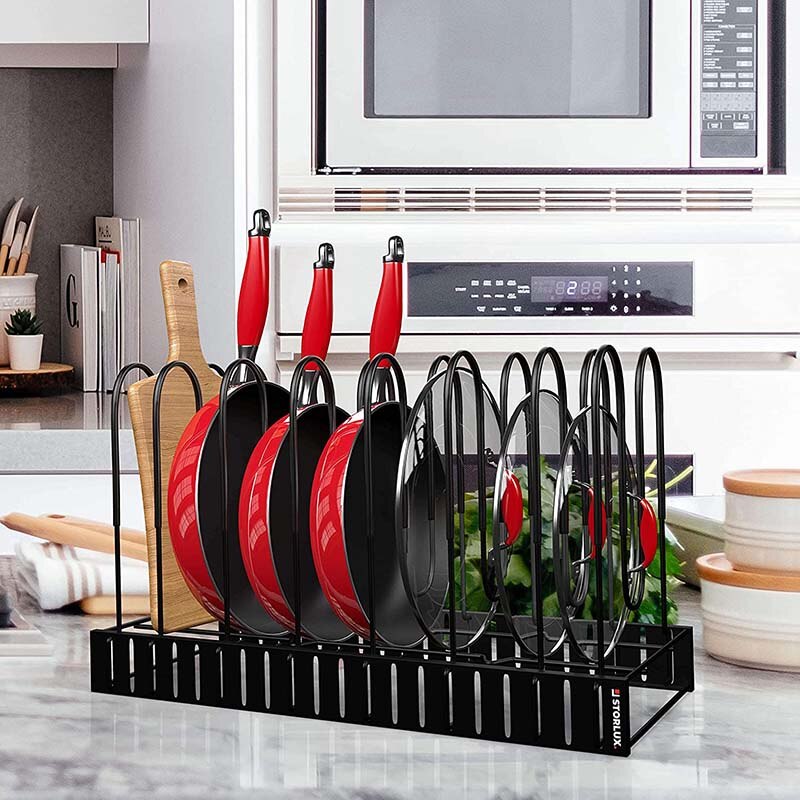 Pot and Pan Organizer for Cabinet Adjustable 8 Non-Slip Tiers Pot Rack with 3 DIY Methods Kitchen Organizer Rack for Pots &amp; Pans