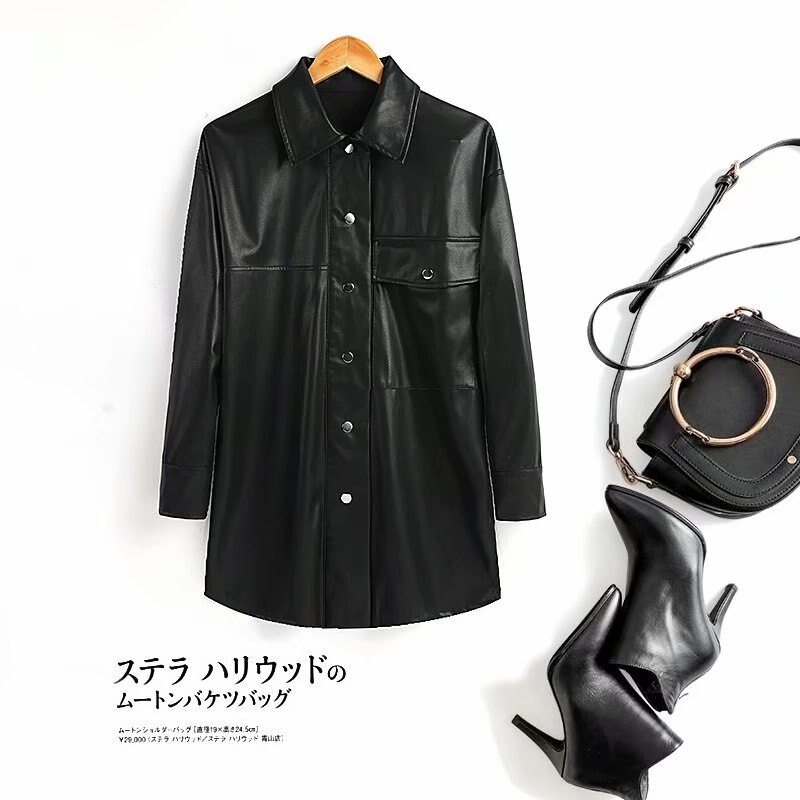 Chaqueta de cuero sintético para mujer, abrigo de camisa fina para primavera y otoño, ropa de calle a la , chaqueta gótica Vintage de color negro, atuendo estético,