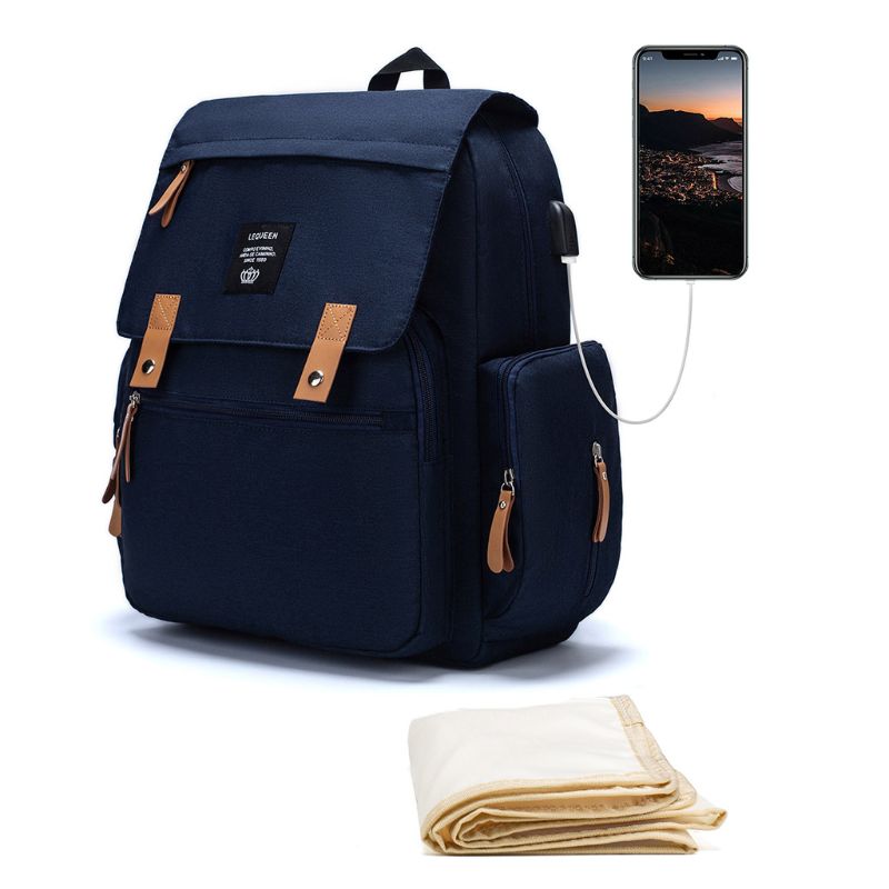 Multifunctional Baby Diaper Mummy Backpack Large Capacity USB Port Nappy Bag: 3TT904178-BL