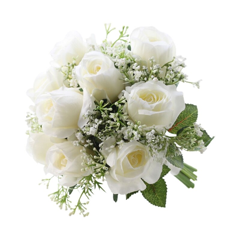 Rosas de flores artificiales con hojas de bebé ramo de novia de boda realista: W