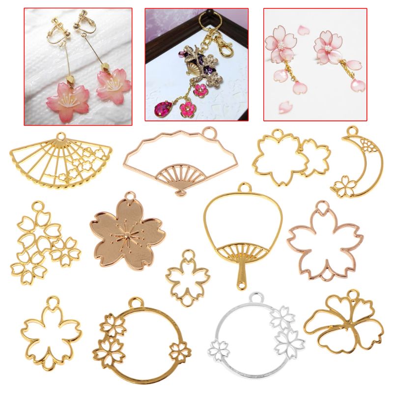 2022 13 Pcs/Set Flower Metal Frame DIY Epoxy Resin Crafts UV Resin Jewelry Making Pendant Holder Hollow Fan Floral Shape Dry