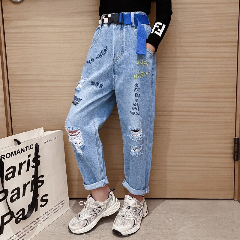 Neue Frühling Sommer Mädchen Jeans knapp Zerrissene Denim Hosen freundlicher Hosen See Blaue Schlauch freundlicher Jeans 5 6 7 8 9 10 11 12 13 jahre