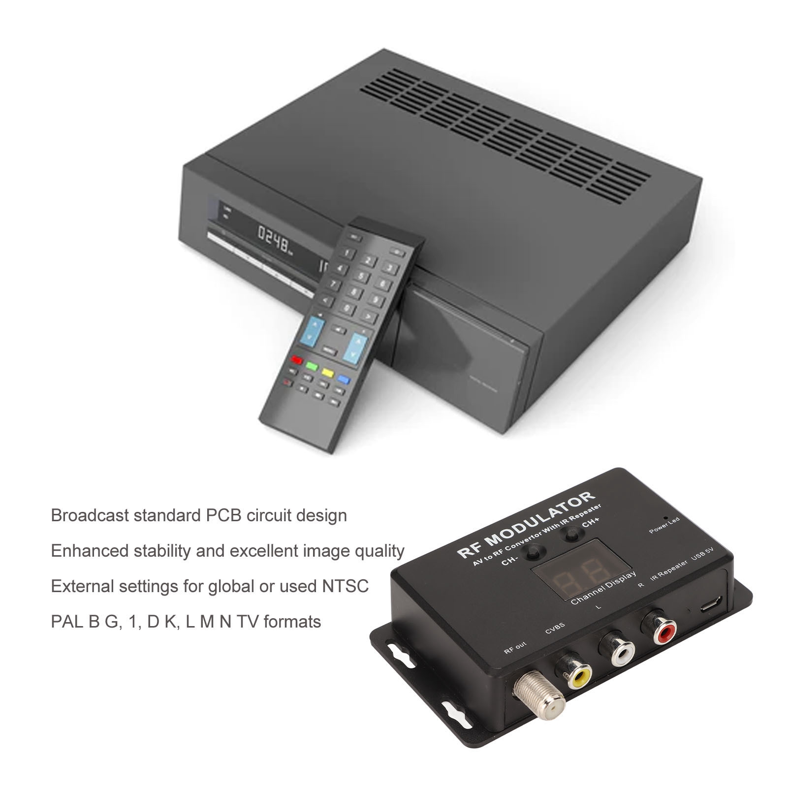 Modulador de tv av para rf, mini modulador rf profissional pal ntsc 21 canais av para conversor rf para set top box dvr dvd