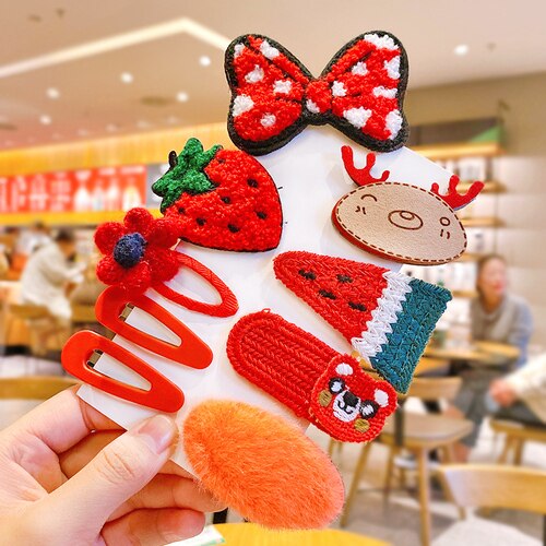 Newest 1set Winter Girls Cartoon Fruit Cashmere Faux Fur Soft Hairpins Sweet Children Hair Clips Kid Hair Accessories: redbow-9 Pcs