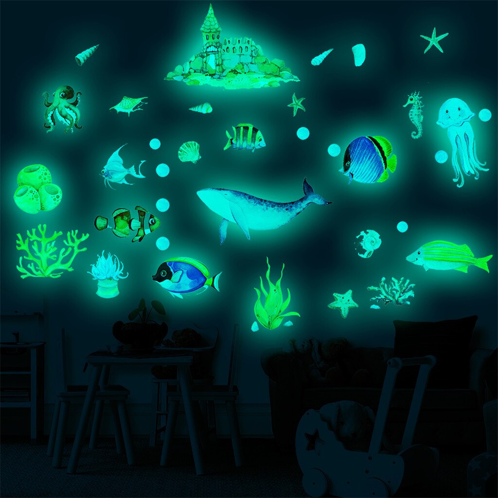 3D Onderwater Wereld Fluorescerende Muur Sticker Verwijderbare Glow In Dark Sticker Lichtgevende Onderwater Wereld Muurstickers F219