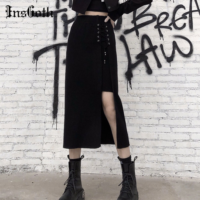 Insgoth Harajuku Vintage Black Midi Rok Gothic Lace Up Hoge Taille Rok Vrouwelijke Punk Streetwear Sexy Hollow Out Bandage Rok
