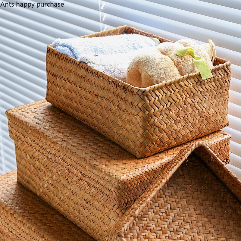 Straw Storage Box with Lid Rectangular Household Living Room Retro Sundries Woven Storage Basket Bedroom Clothing Storages Box