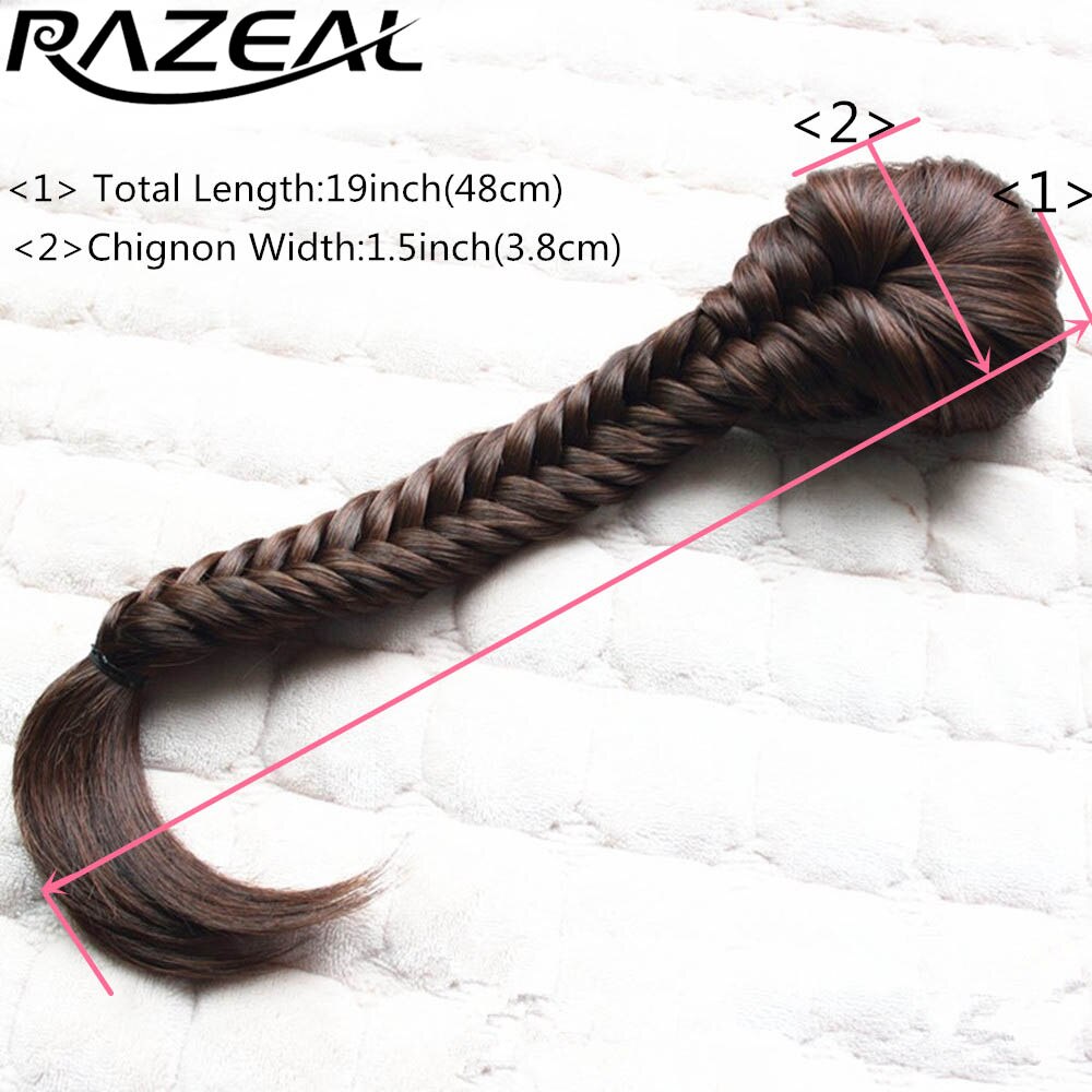 Razeal 20 inches Women's Clip In Braided Synthetic Hair Fishtail Ponytail With Elastic Drawstring Rope Black Color