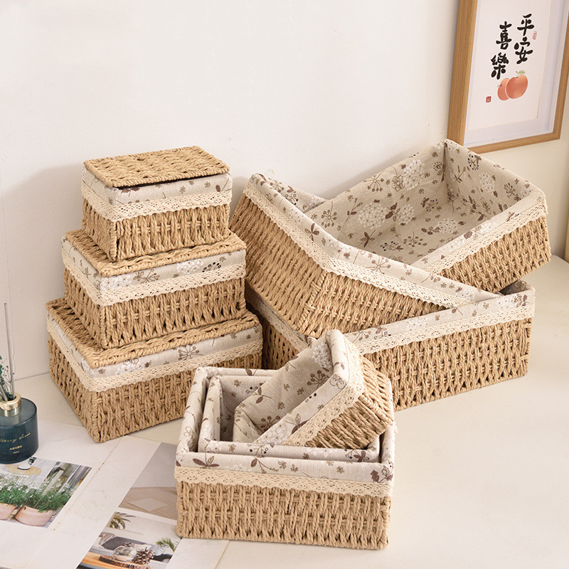 6 Cestini Portaoggetti In Plastica Intrecciata Con Coperchio – Grigio, Impilabili, 25,2x19,1x10,4 Cm – Per Cucina, Bagno, Ufficio, Garage
