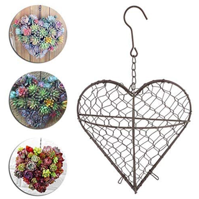 Macetero colgante con forma de corazón, maceta de Metal Artificial para flores, cesta de almacenamiento, soporte para plantas suculentas de pared con gancho, decoración de jardín