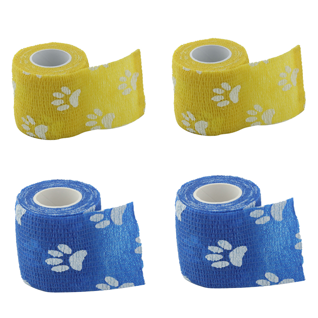 4 rollos de cinta cohesiva de gasa para gato, perro y mascota, estampado de garra, amarillo + azul