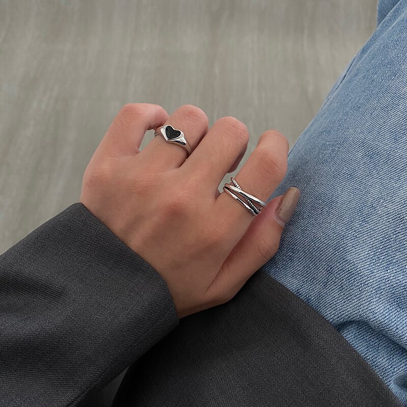 Huanzhi zwarte druppelglazuur hartvormige meerlaagse open verstelbare zilveren metalen ringen voor dames en meisjes feestsieraden