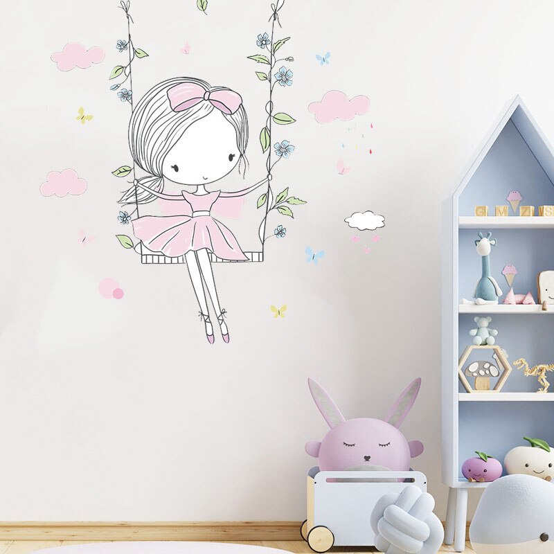 Fairy Ballet Girl Wall Stickers for Kids Girls Room Bedroom Decor Cute Cartoon Princess Nursery Wallpaper Baby Room Decoartion