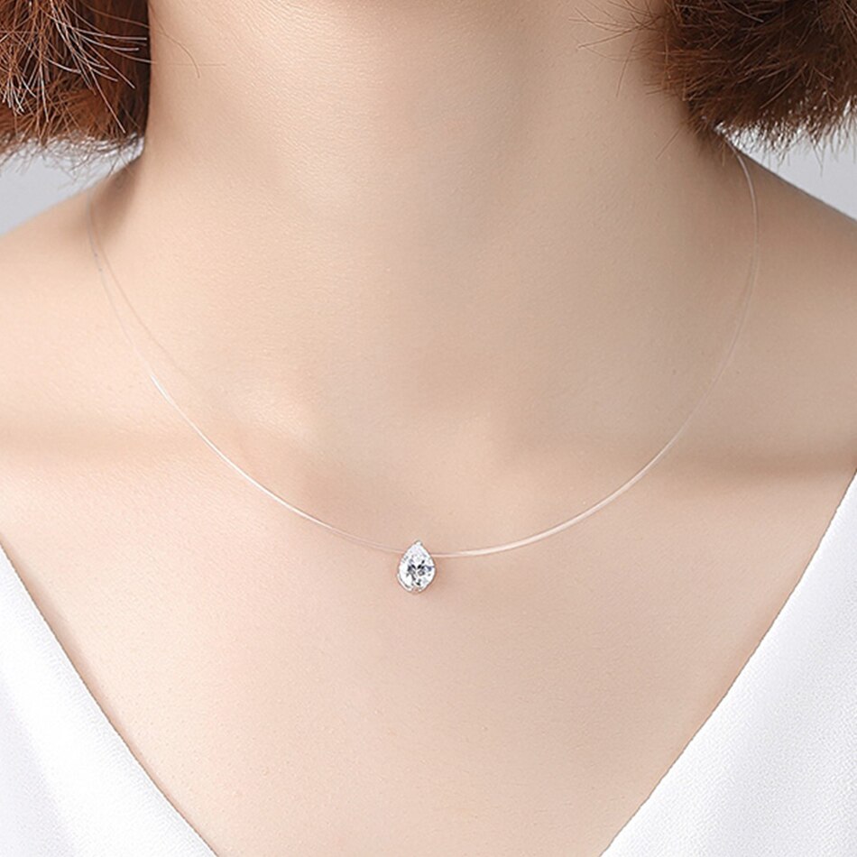 Exquisite Eenvoudige 925 Sterling Zilveren Transparante Vislijn Fonkelende Cz Hanger Kettingen Voor Vrouwen Mode-sieraden