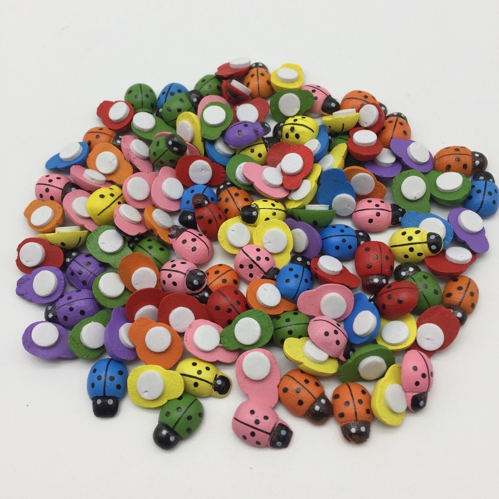 500pcs Assorted Wood Ladybirds/Ladybug Stickers Self-adhesive Easter DIY Crafts Toppers Embellishments 9x12mm