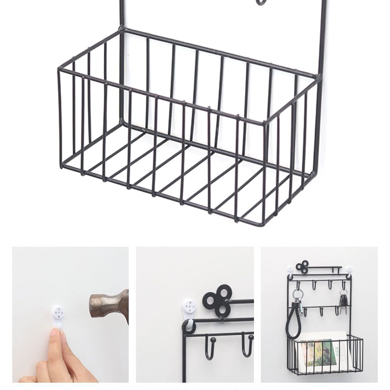Väggmonterad nyckelhållare 7 krokar hängande ficka brev post förvaring korg arrangör hem kök entré hushållerska på vägg