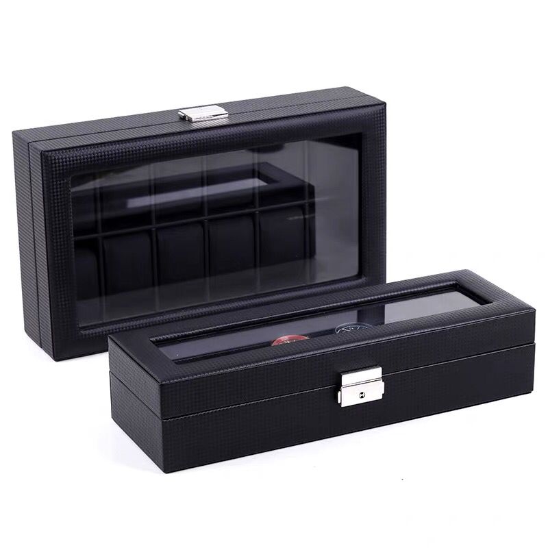 3/6/12 slots kulfiber urboks læder sort ur display box med lås herre ure organizer