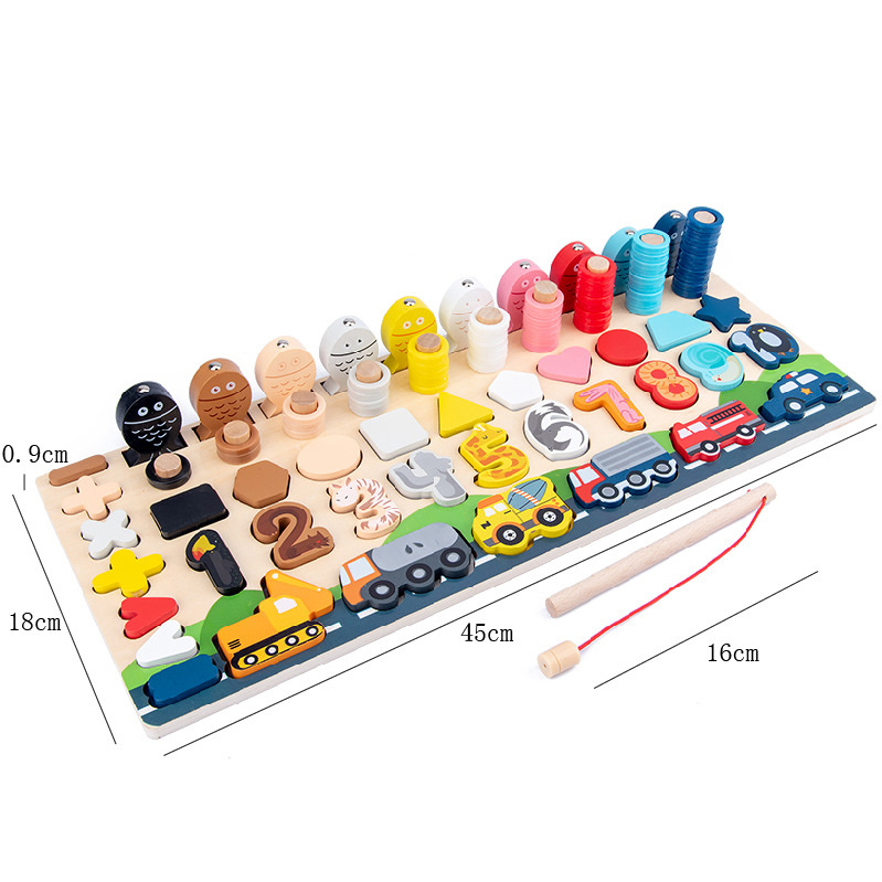 Montessori Educational Wooden Toys Children Busy Board Shape Color Math Matching Puzzle Magnetic Fishing Counting Toys: Six in One Transport