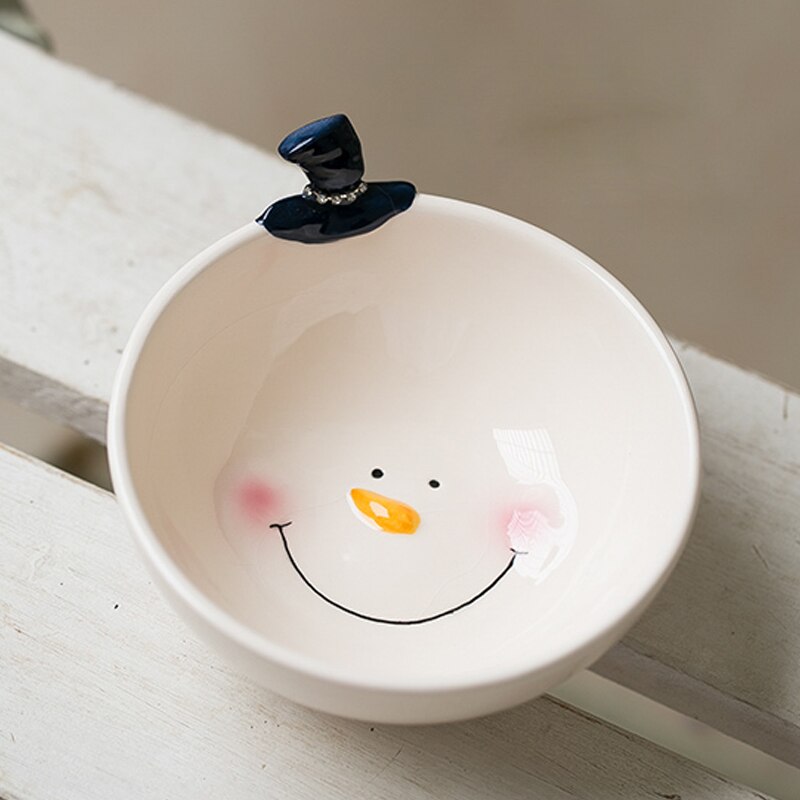 Bol à salade céramique mignon bonhomme de neige | Assiettes à manger, bol à salade artisanat assiette à Snack, bouilloire pot de rangement, assiette d'assaisonnement, vaisselle de noël
