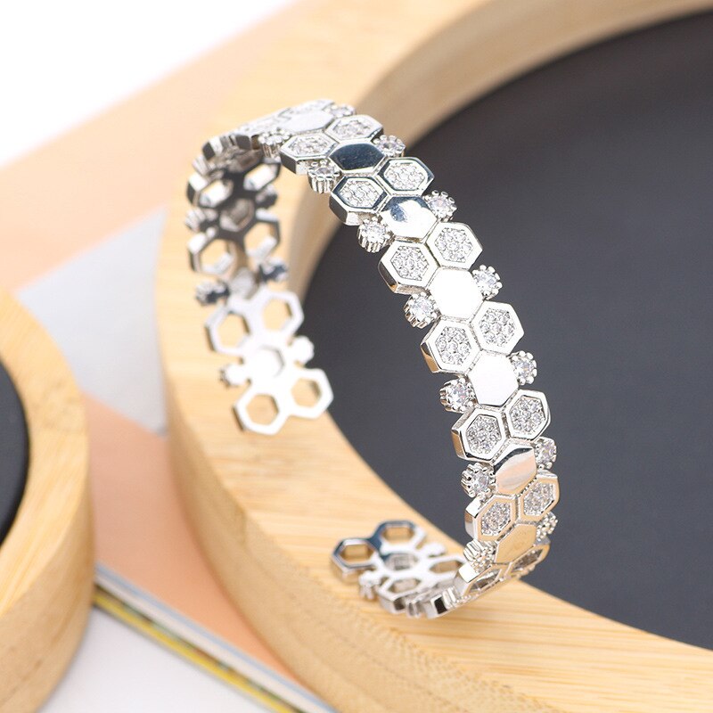 Europese En Amerikaanse Geometrische Sieraden Eenvoudige Micro-Ingelegd Zirkoon Honingraat Zeshoekige Armband En Ring Set