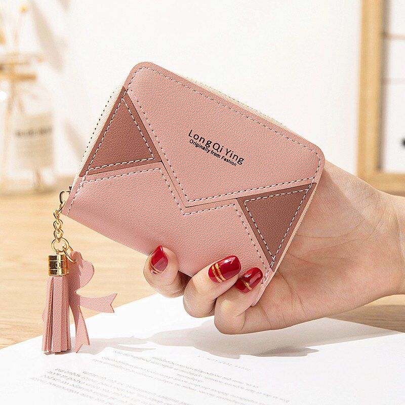 stitching color card clip change small wallet ladies short zipper tassel wallet mini coin purse