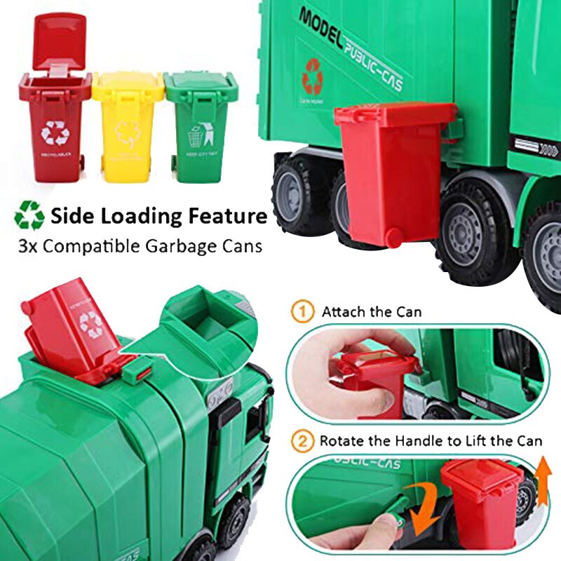 14 Inch Friction Powered Garbage Truck Toy,with 3 Trash Cans,No Battery Required,A Great for Children