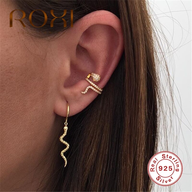 ROXI 1Pair ins Double Snake Ear Clips Earrings for Women Clip on Earrings Funny Animals NO Piercing Silver Ear Cuff Cilp Earring