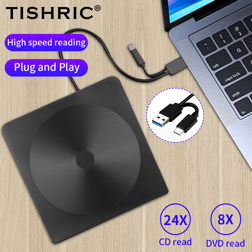 TISHRIC USB Externes DVD-Laufwerk CD-Player Leser DVD-ROM CD-ROM USB3.0/USB2.0/Typ C Externer DVD-Player für PC-Desktop-Computer