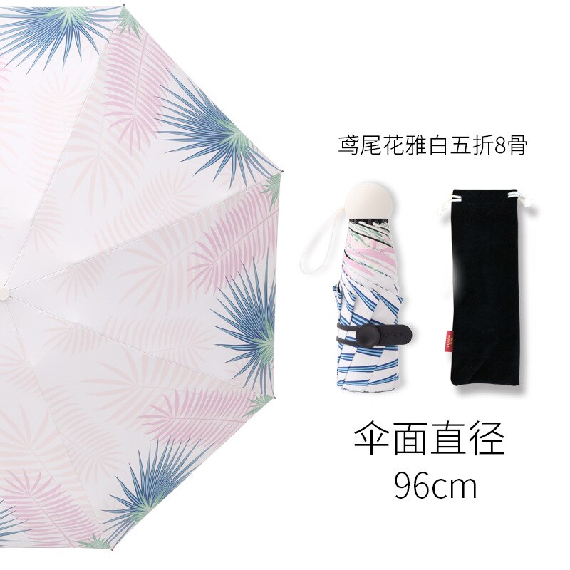 Leuke Vrouwen Paraplu Vijf-Fold Opvouwbare Paraplu Bescherming Zon Uv-bescherming Parasol Regen En Zon Dual-Gebruik vinyl Paraplu: Five-fold 8K  White