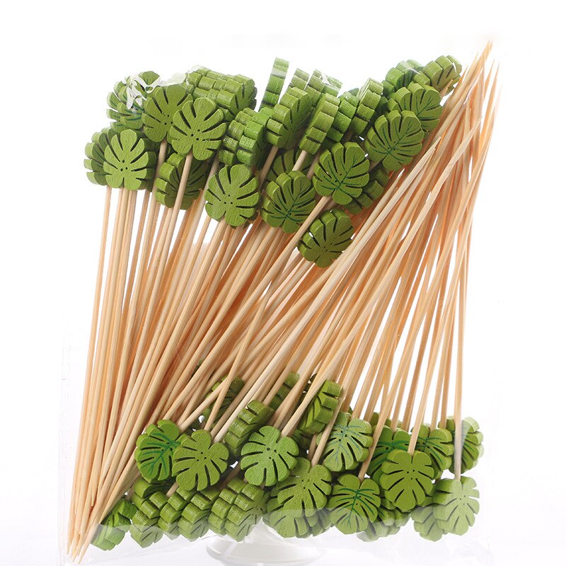 100PCS Bamboo Decorative Toothpicks 12cm Cocktail Picks Disposable Fruit Sticks Buffet Birthday Wedding Party Food Decoration: Green Leave