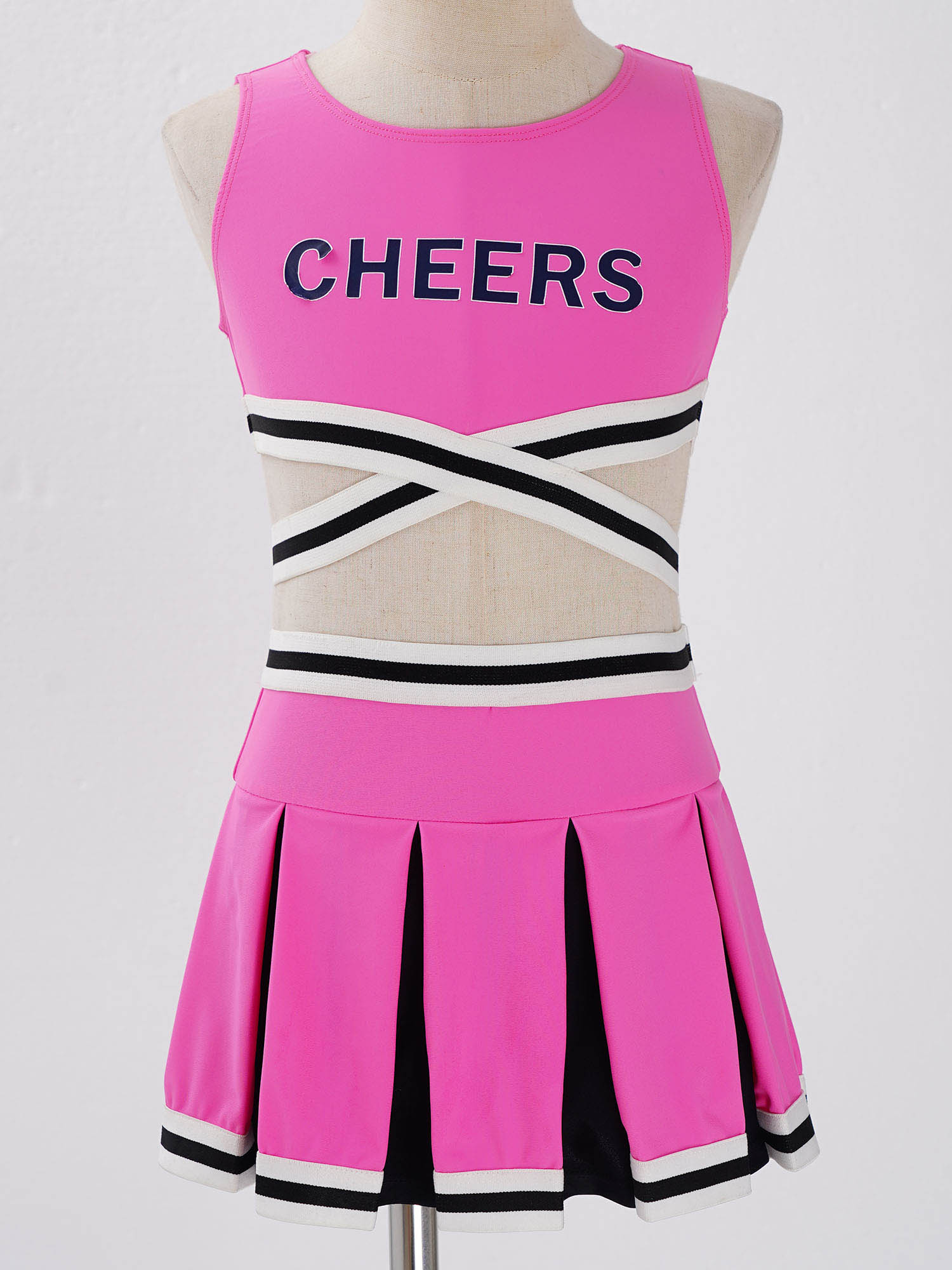 2Pcs Kids Girls Cheerleader Uniform Cheerleading Dance Outfit Sleeveless Cheers Print Crisscross Sash Vest and Pleated Skirt Set