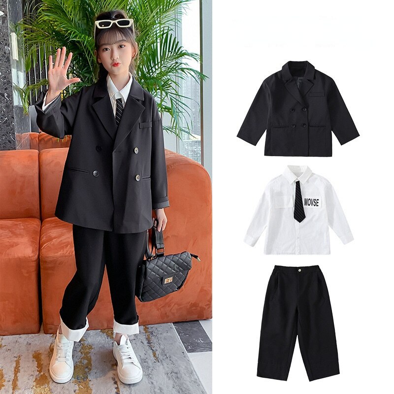 Traje para niña de primavera informal, Blazer de manga larga, camisa, pantalones, 3 piezas, trajes formales para niño, conjunto de chaqueta negra para niño de 10 a 13 años