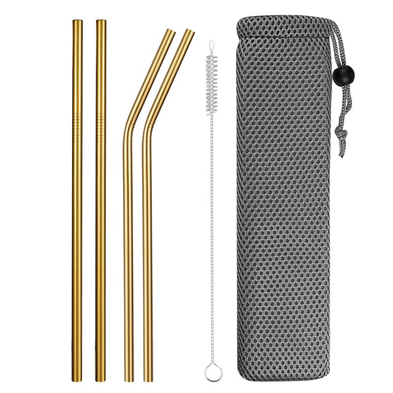 Metal straws stainless steel straw reusable black straws metal drink straws reusable Drinking Straws glass straw portable straw: Golden 4pcs B