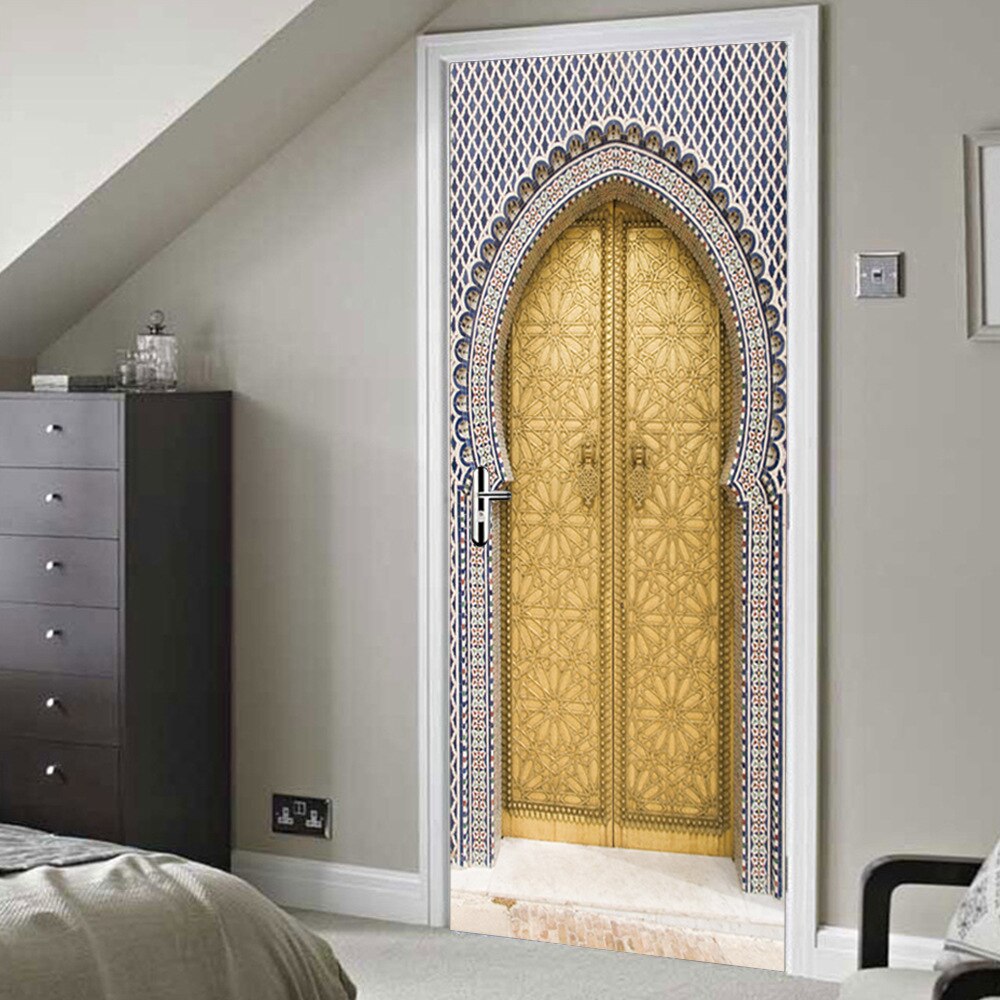 Pegatinas 3D para puerta, decoración del hogar, estilo árabe, pintura de pared de Puerta Dorada, calcomanías de papel tapiz, decoración del hogar para habitación