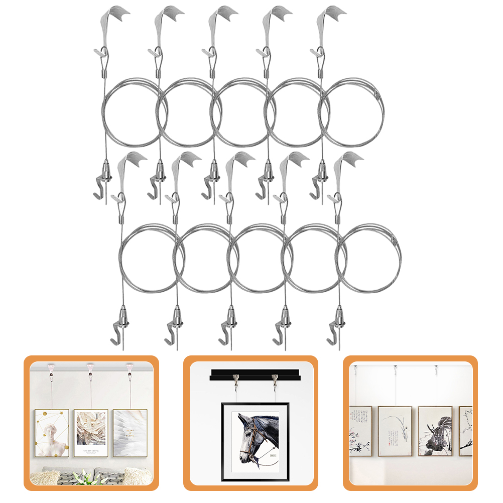 10 Sets Picture Rail Hook Hanging Kit Wall White Frames Hooks for System Pictures Steel Wire