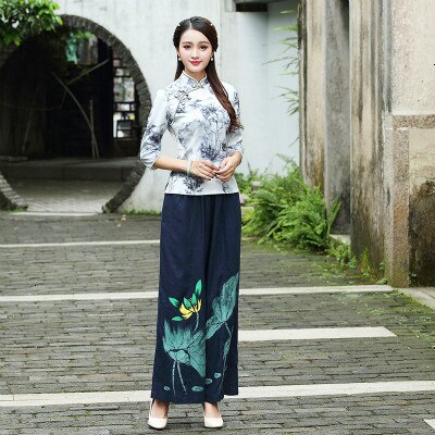 Traditional Chinese Clothing Women Sets Blouse And Pants Sets Elasticity Qipao Suits Tops Chinese Costume 3XL: sets / L