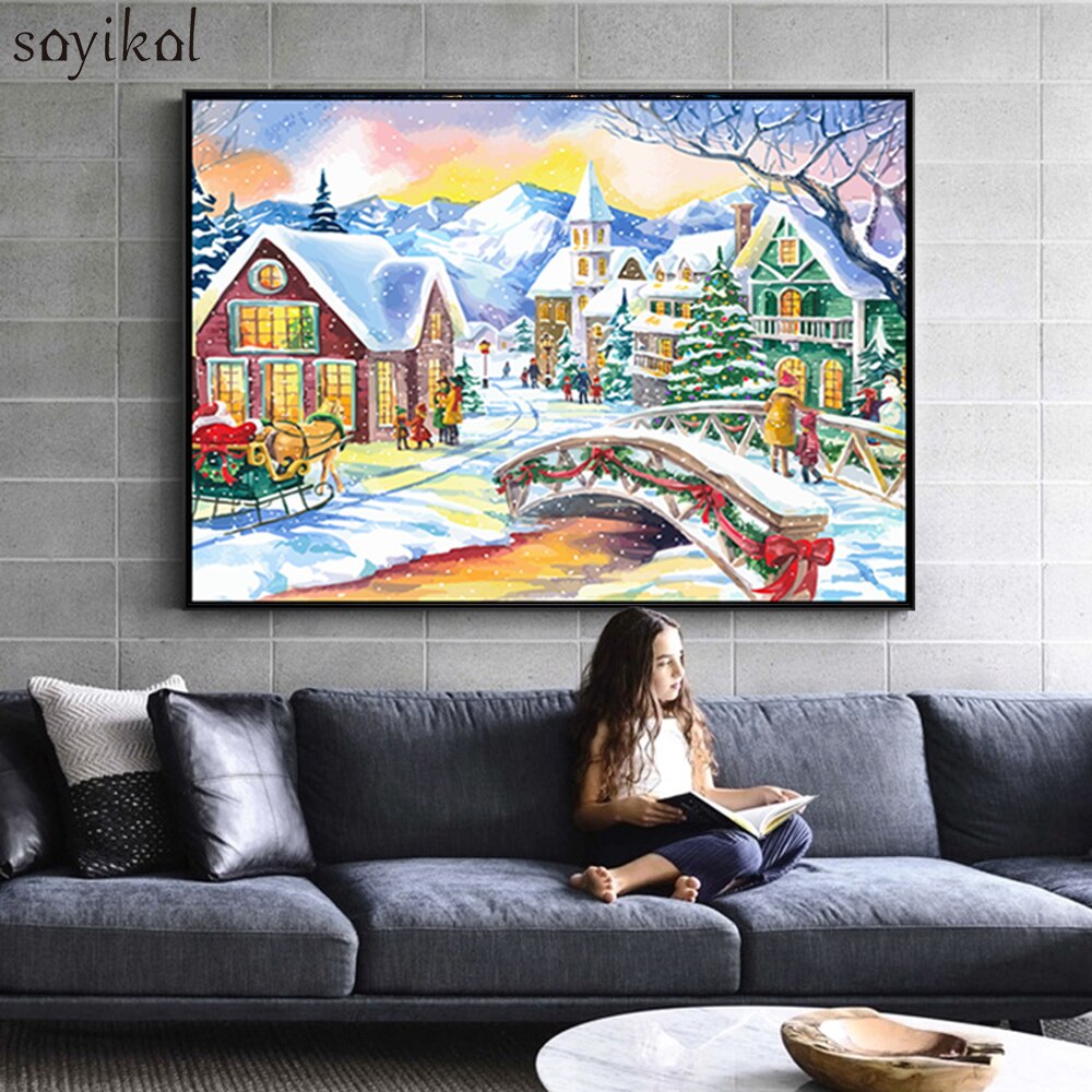 DIY Olieverfschilderij van Nummers Landschap Winter Sneeuw Huis DIY Foto 'S Nummers Moderne Wall Art Decor Witte Kerst Decoratie