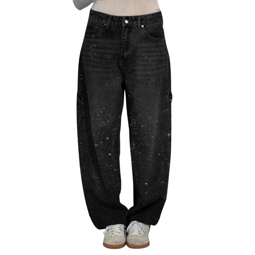 Elegante jeans med rhinsten kvinder løse lommer alsidige lynlås lav talje lige denimbukser kvinde forår dame streetwear: Xl / Hvid