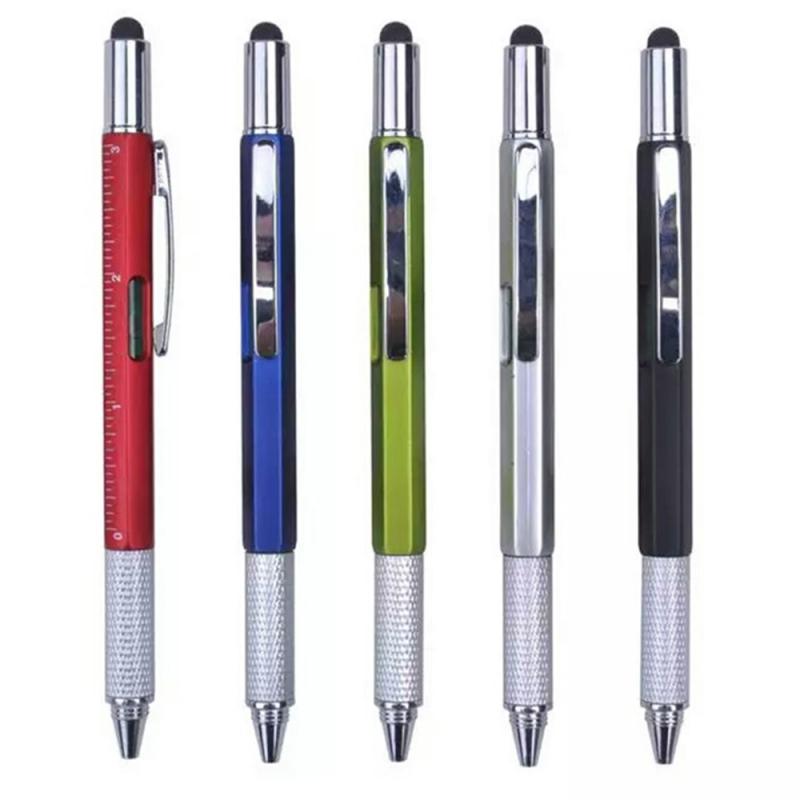 1pc 8 Color Multifunctional Ballpoint Pen Stylus Screwdriver Ruler Level Top Scale Pens Capacitor Touch Metal Scale Tool