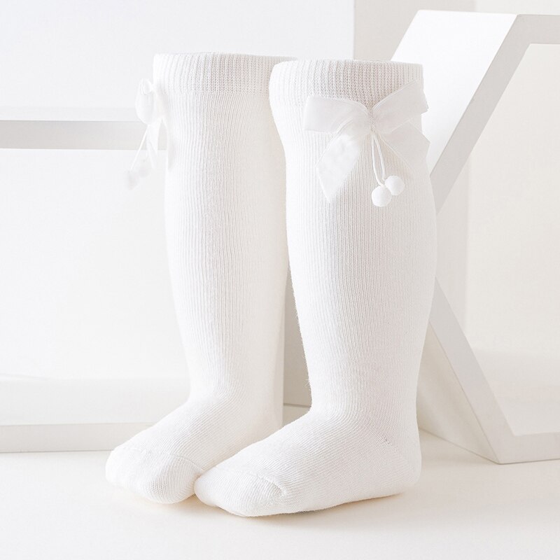 Efterår vinter varm baby sokker søde bowknot børn børn pige knæhøje sokker ensfarvet blød bomuld spædbarn toddler lange sokker: Hvid