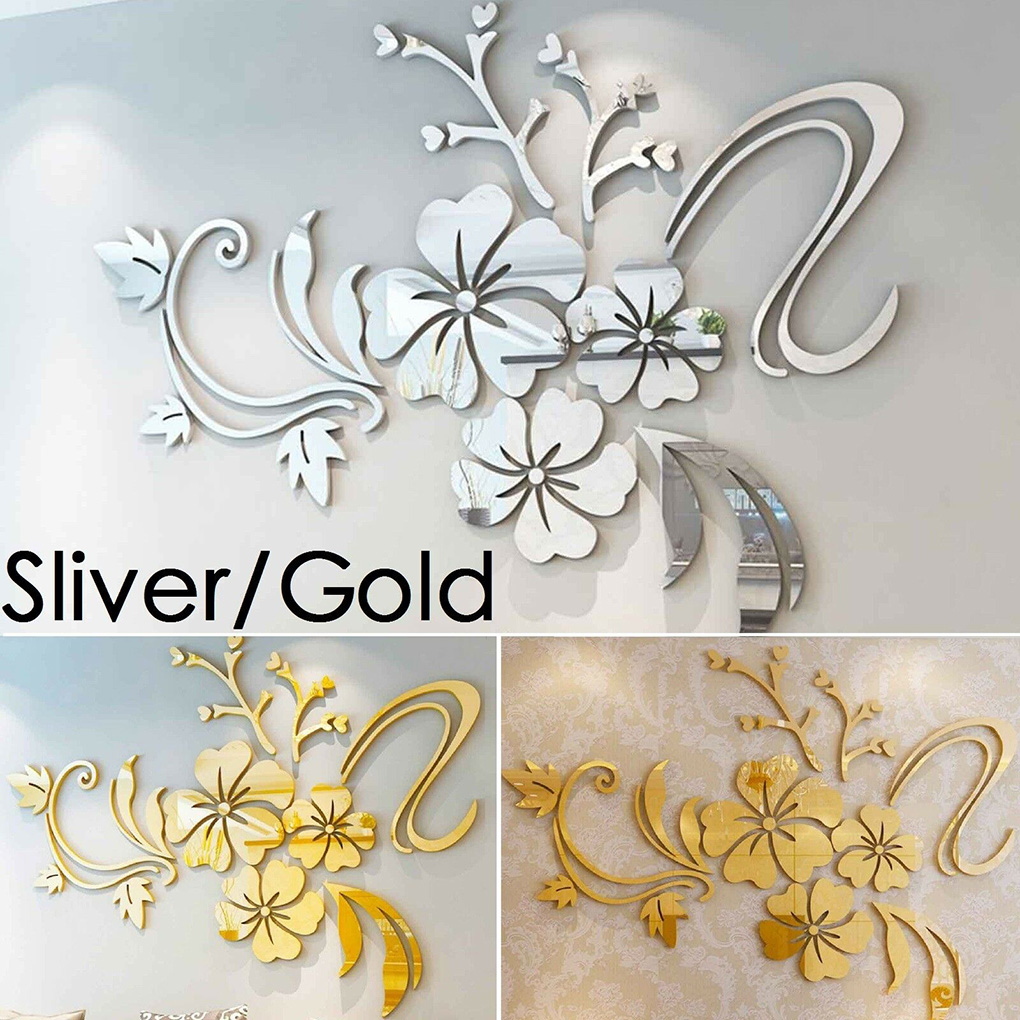 Hibiscus Shape Wall Sticker 3D Flower Acrylic Mirror Decal Bath Home Decor Sticker Self Adhesive Home Wall Decoration Supplies