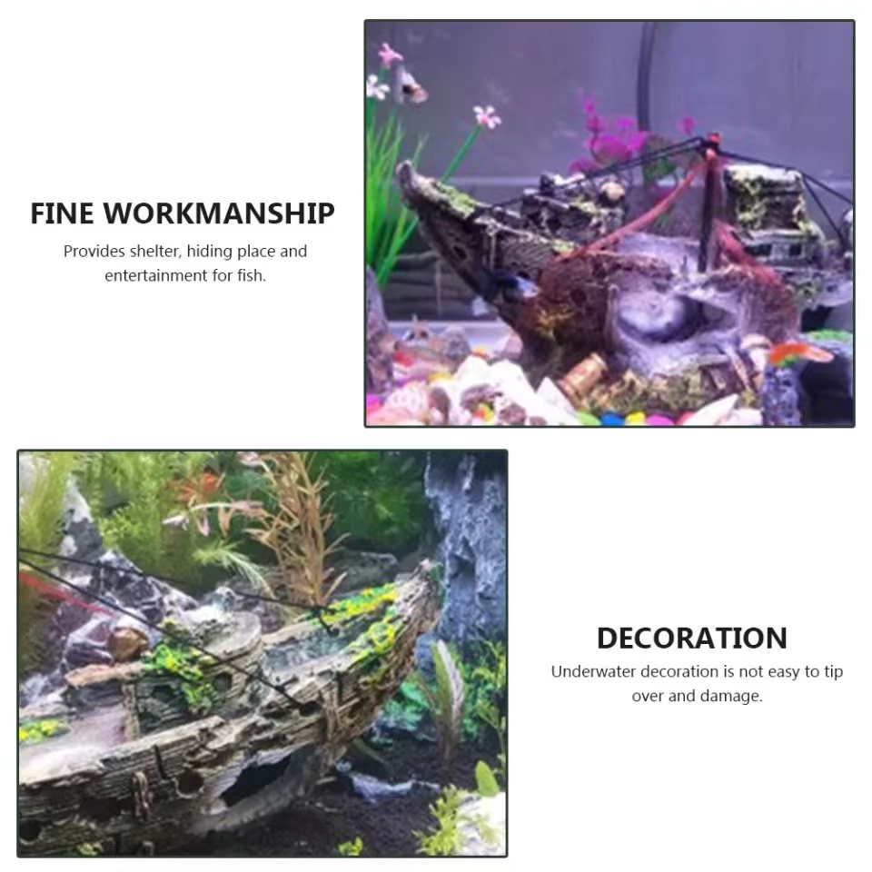 Aquarium Fish Tank Decorations Theme Set Plastic Plants Fish Cave Aquarium Ornaments Pirate Ship Fish Tank Accessories Décor