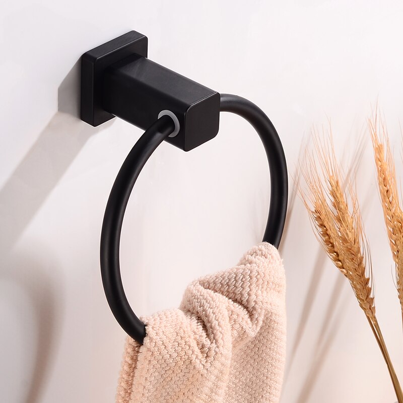 Toallero redondo negro para baño, soporte de anillo de toalla montado en la pared, colgador de riel, Perchero de aluminio, accesorios de baño